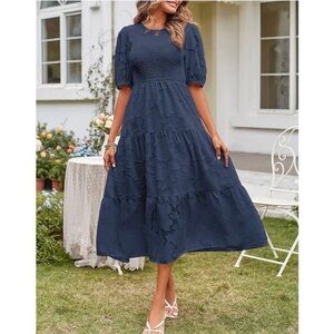 MAROKEETY Puff Sleeve Smocked Lace Flowy Tiered Navy Blue Midi Dress Size Small